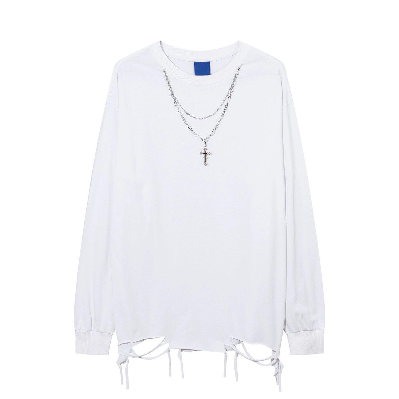 Distressed White Long-Sleeve Tee with Chain Cross Necklace