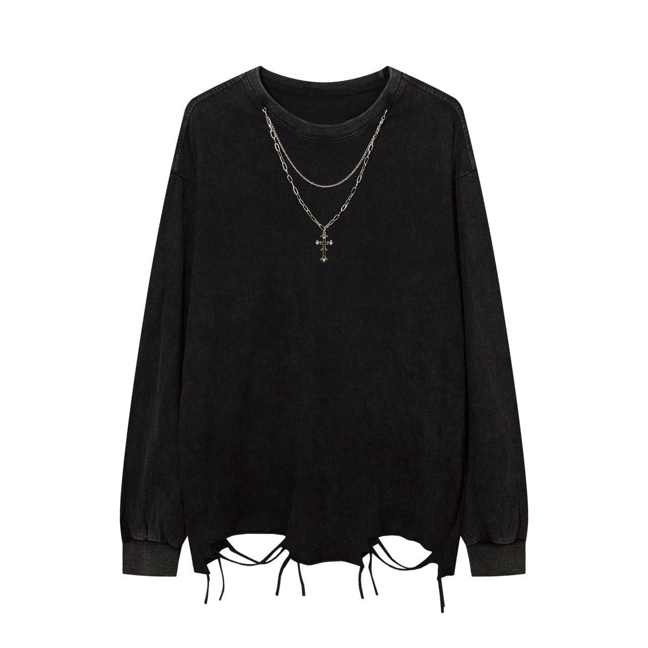 Distressed White Long-Sleeve Tee with Chain Cross Necklace