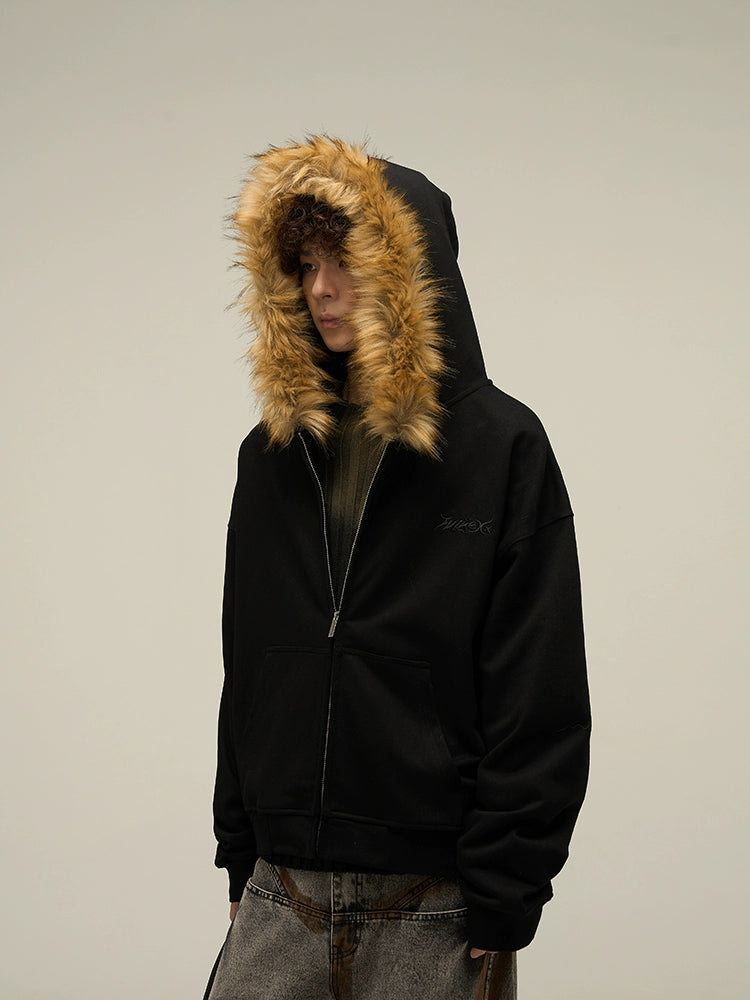 Cozy Luxe Oversized Fur Neck Zipper Hoodie Jacket - chiclara