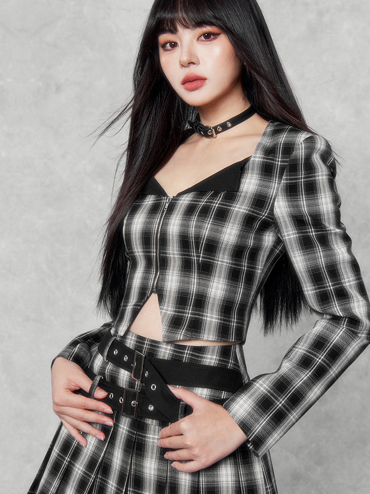 Plaid Punk Cropped Jacket/Pleated Skirt