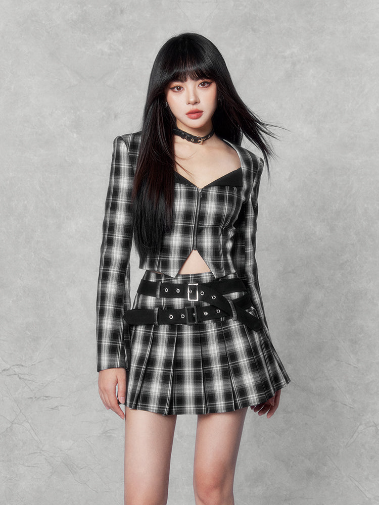 Plaid Punk Cropped Jacket/Pleated Skirt