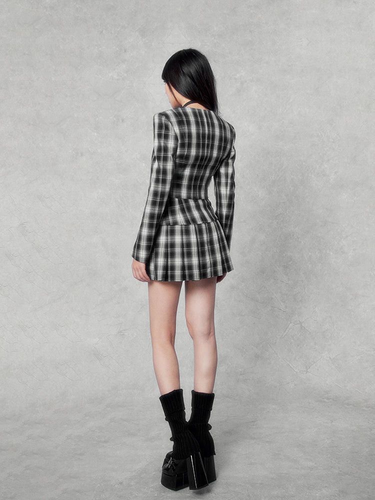 Plaid Punk Cropped Jacket/Pleated Skirt