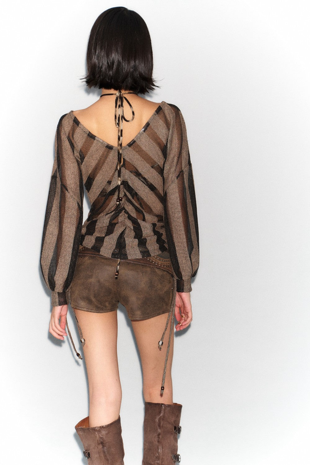 Striped Keyhole Mesh Blouse