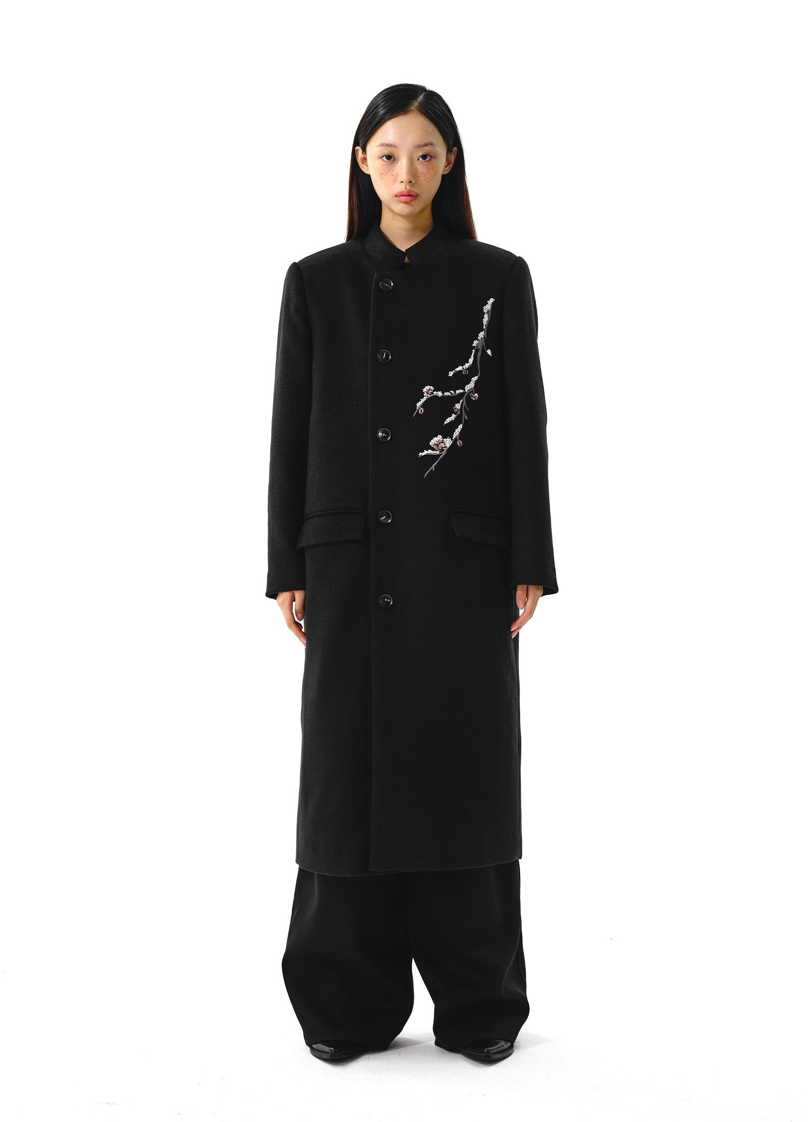 Elegant Plum Tree Embroidered Overcoat - chiclara