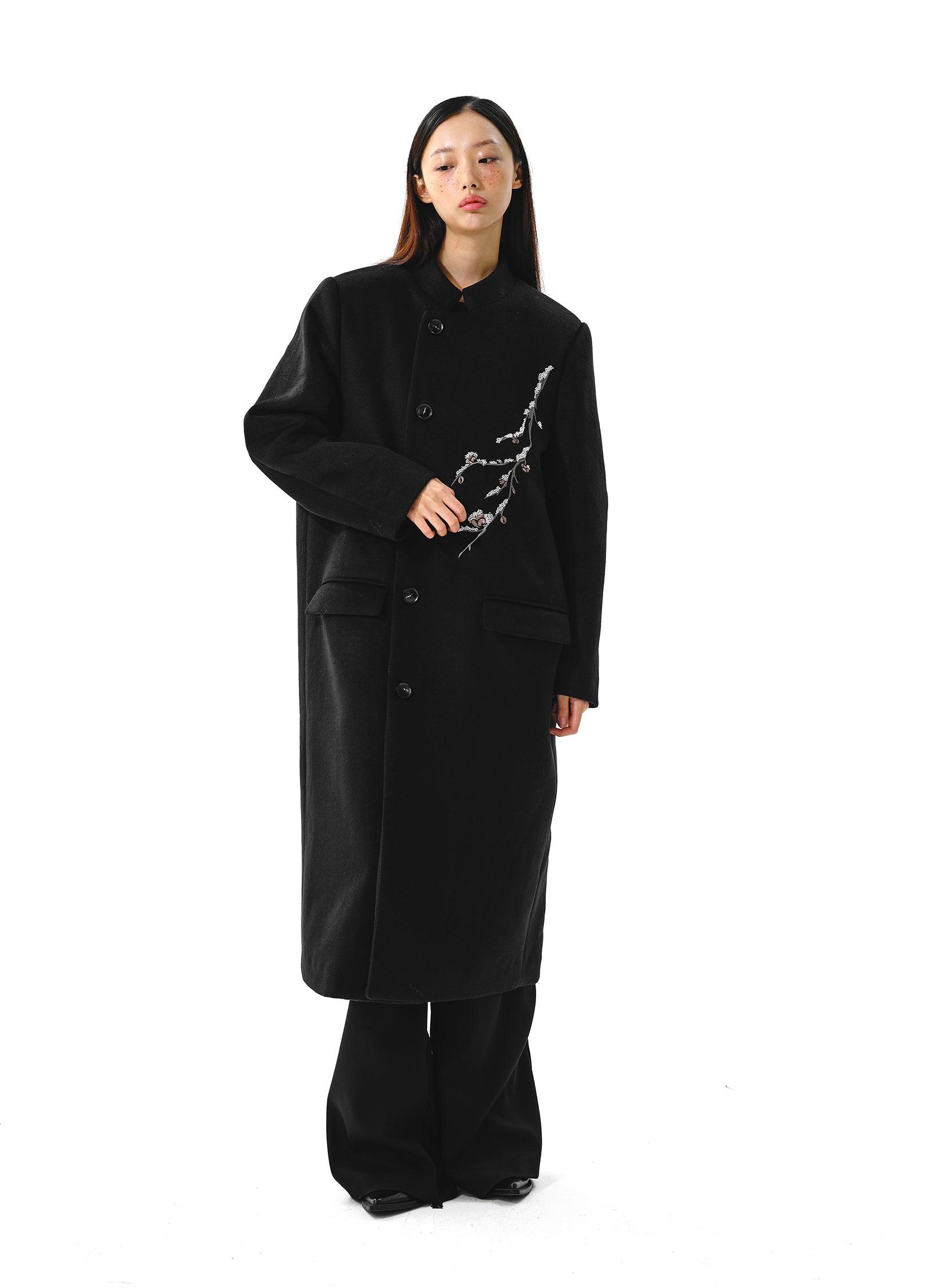 Elegant Plum Tree Embroidered Overcoat - chiclara