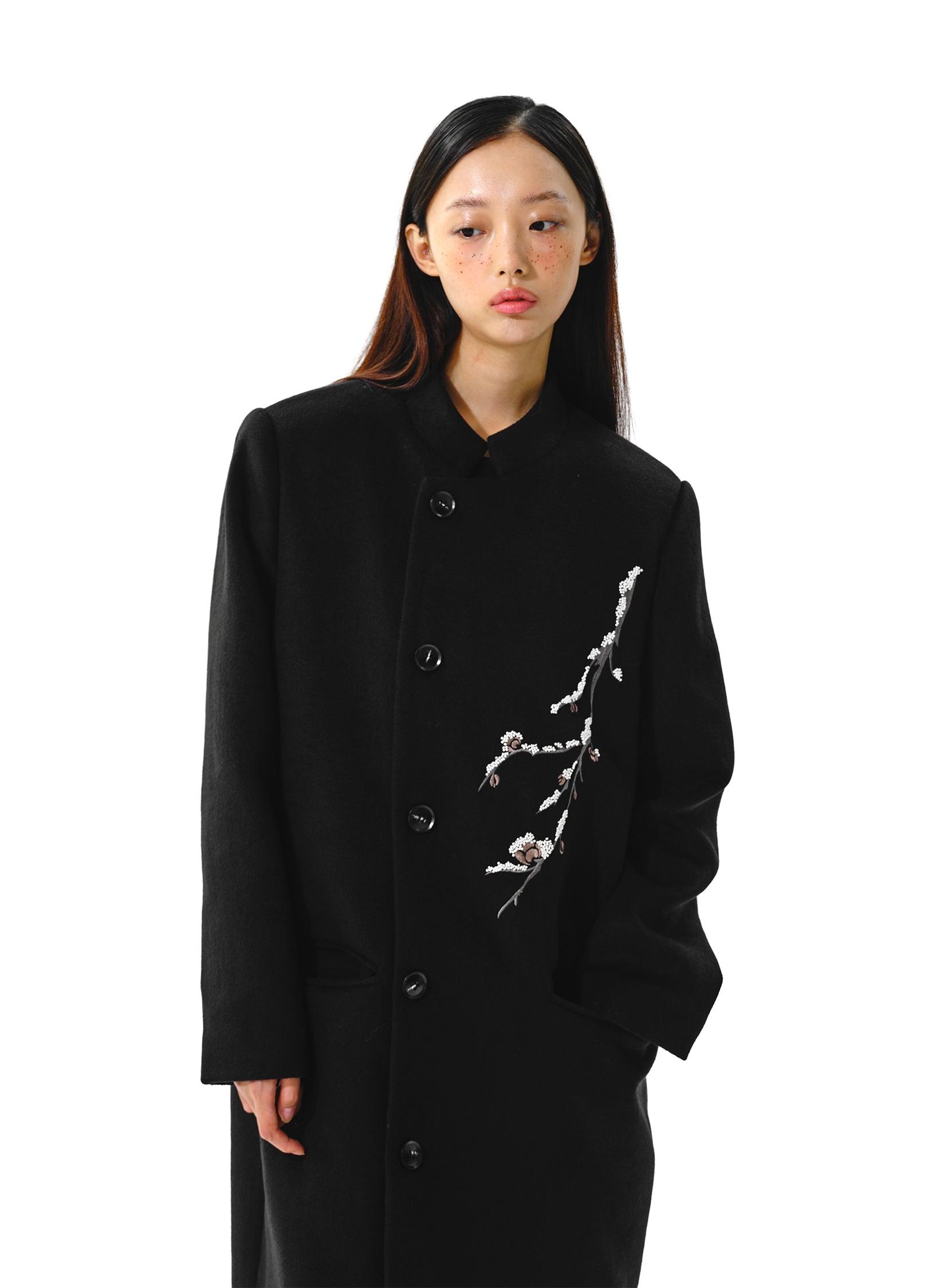 Elegant Plum Tree Embroidered Overcoat - chiclara