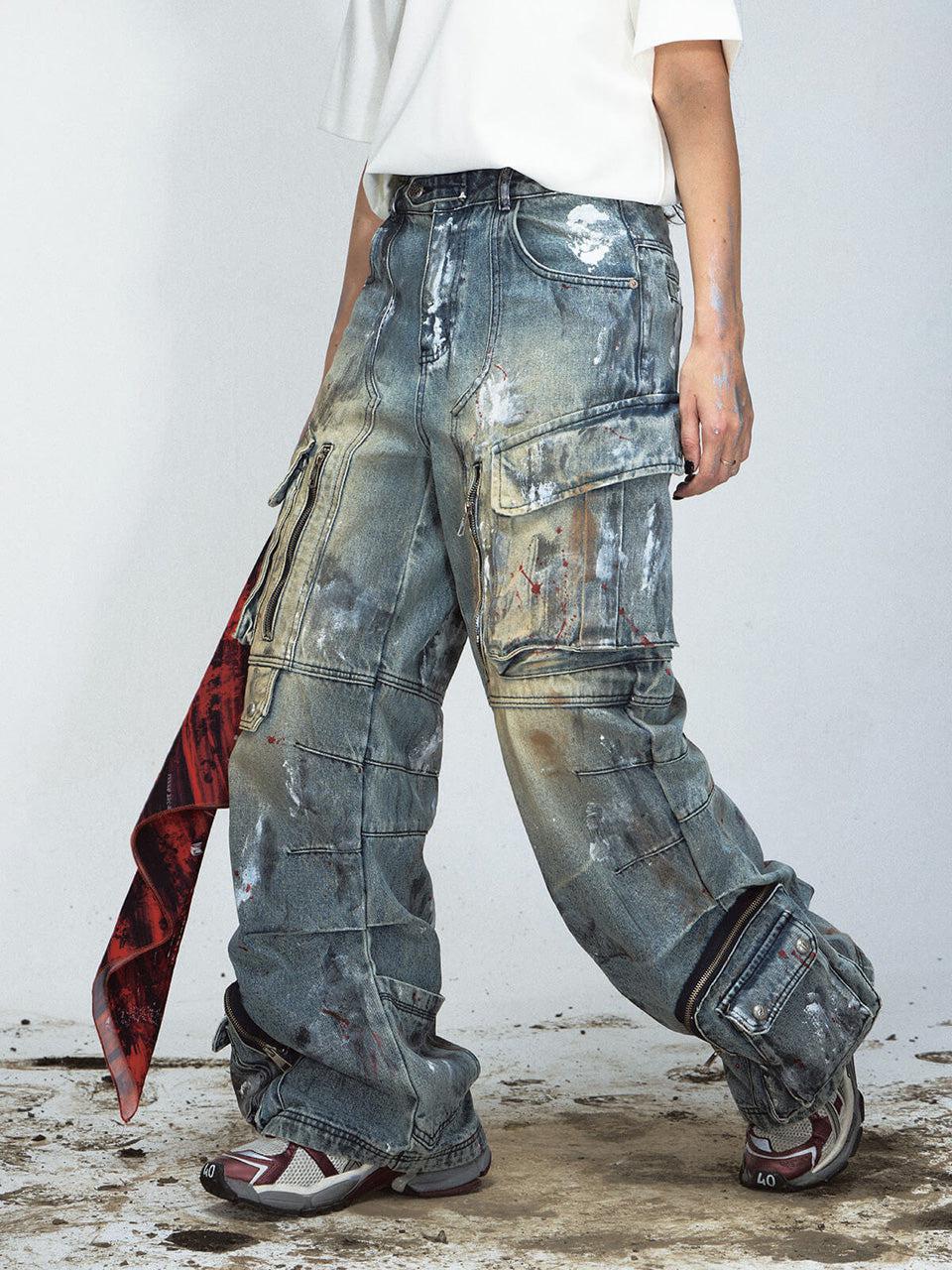 Paint Splatter Cargo Jeans with Zipper Details