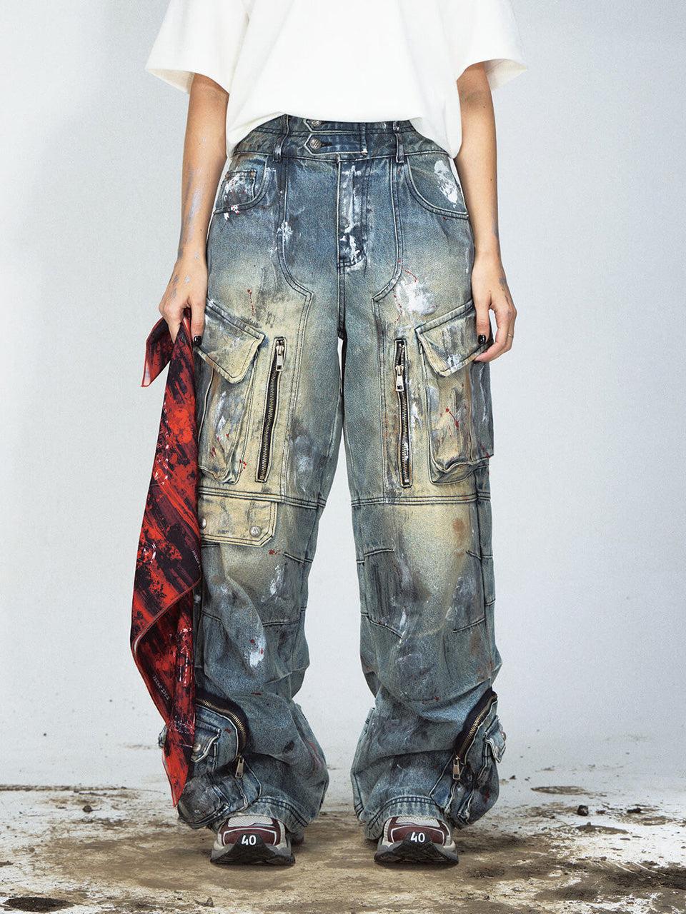 Paint Splatter Cargo Jeans with Zipper Details