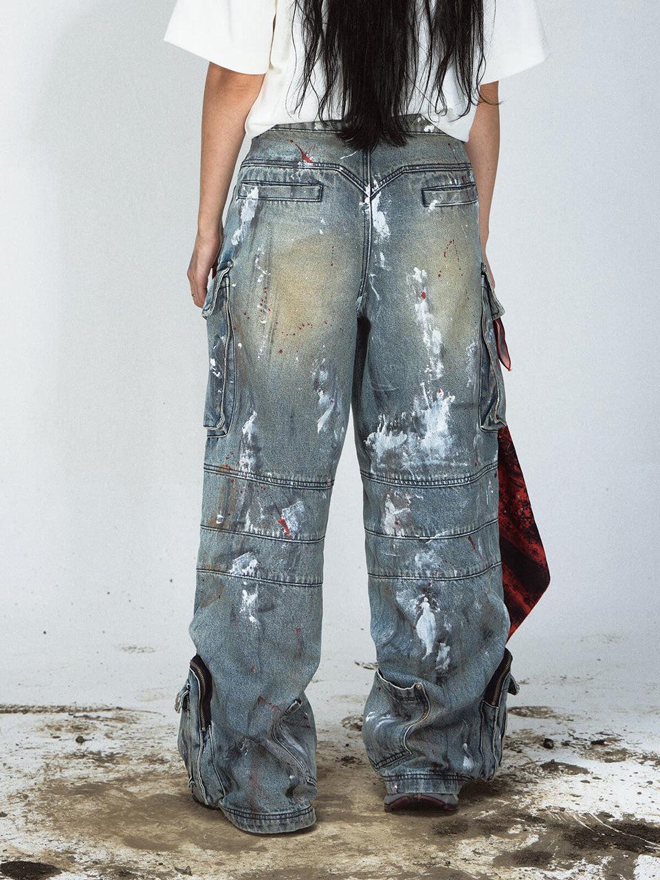 Paint Splatter Cargo Jeans with Zipper Details