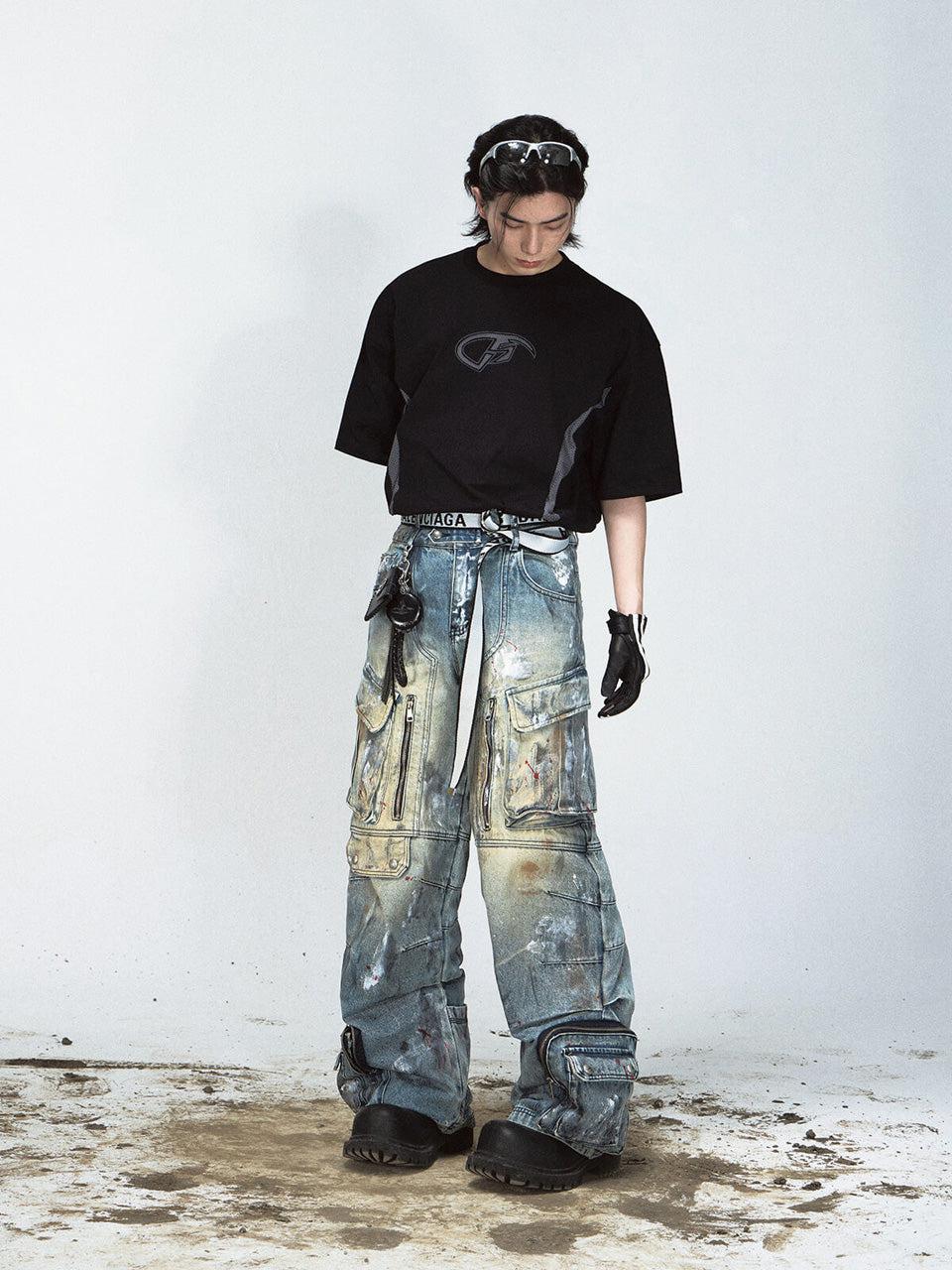 Paint Splatter Cargo Jeans with Zipper Details