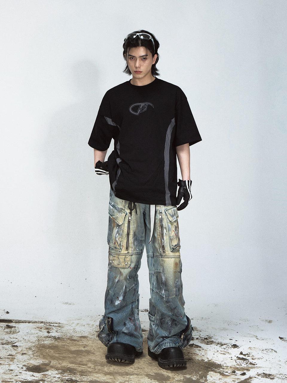 Paint Splatter Cargo Jeans with Zipper Details