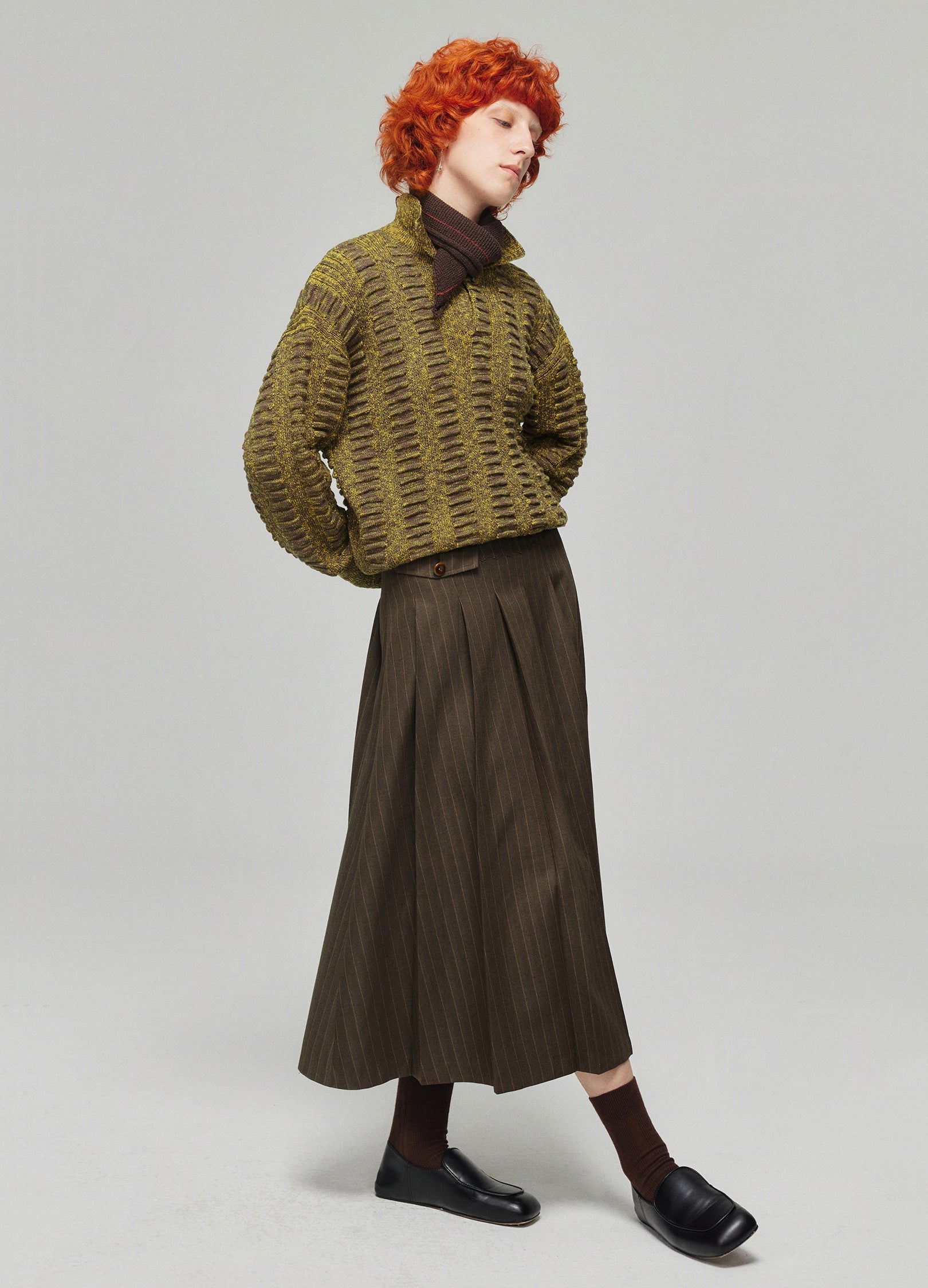 Dark Brown Pinstriped Pleated Midi Skirt