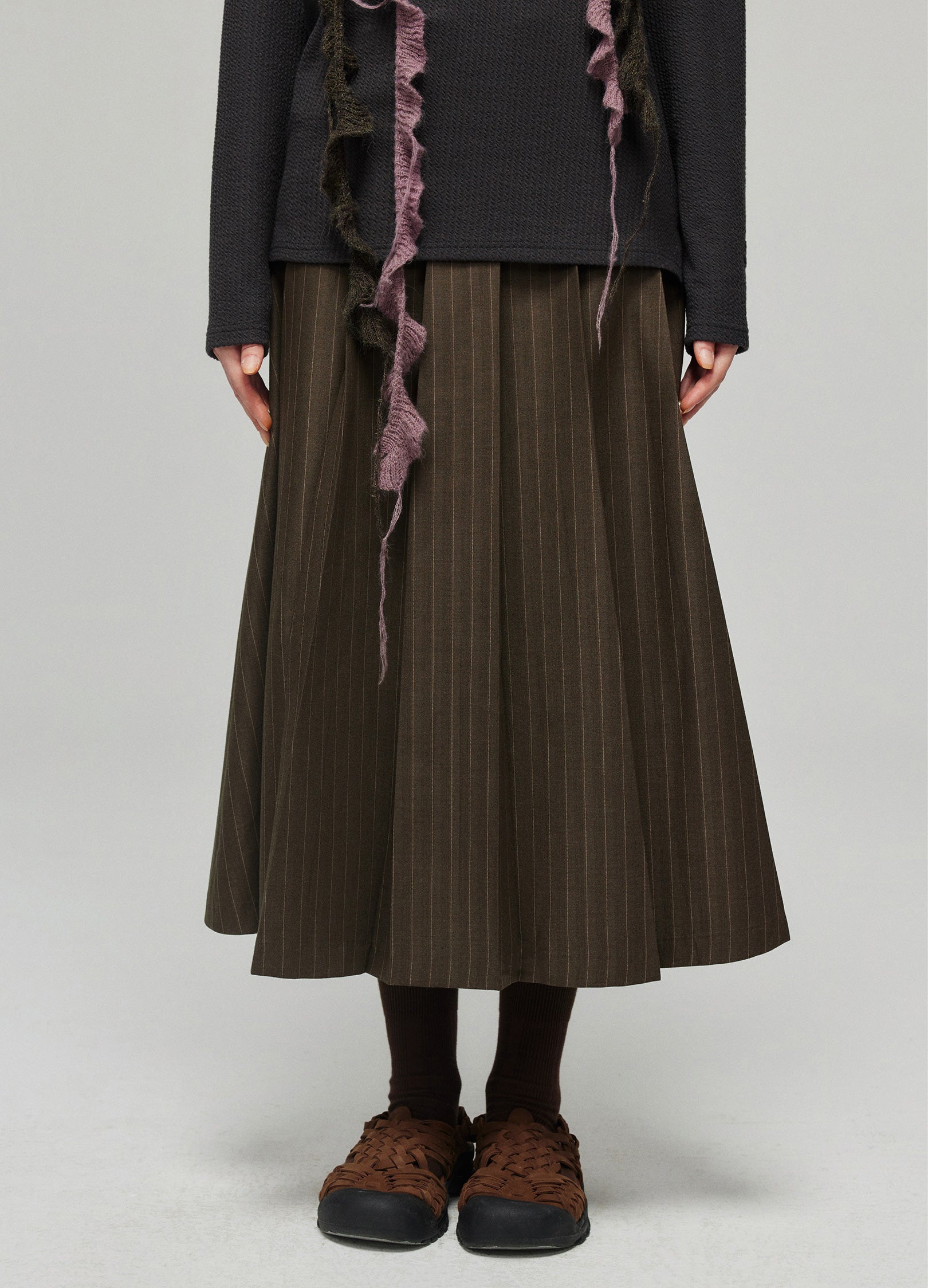 Dark Brown Pinstriped Pleated Midi Skirt
