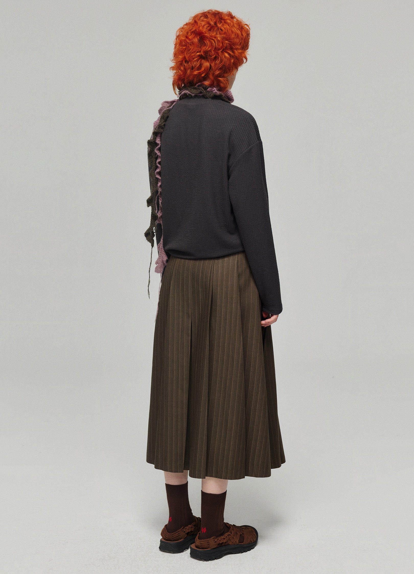 Dark Brown Pinstriped Pleated Midi Skirt