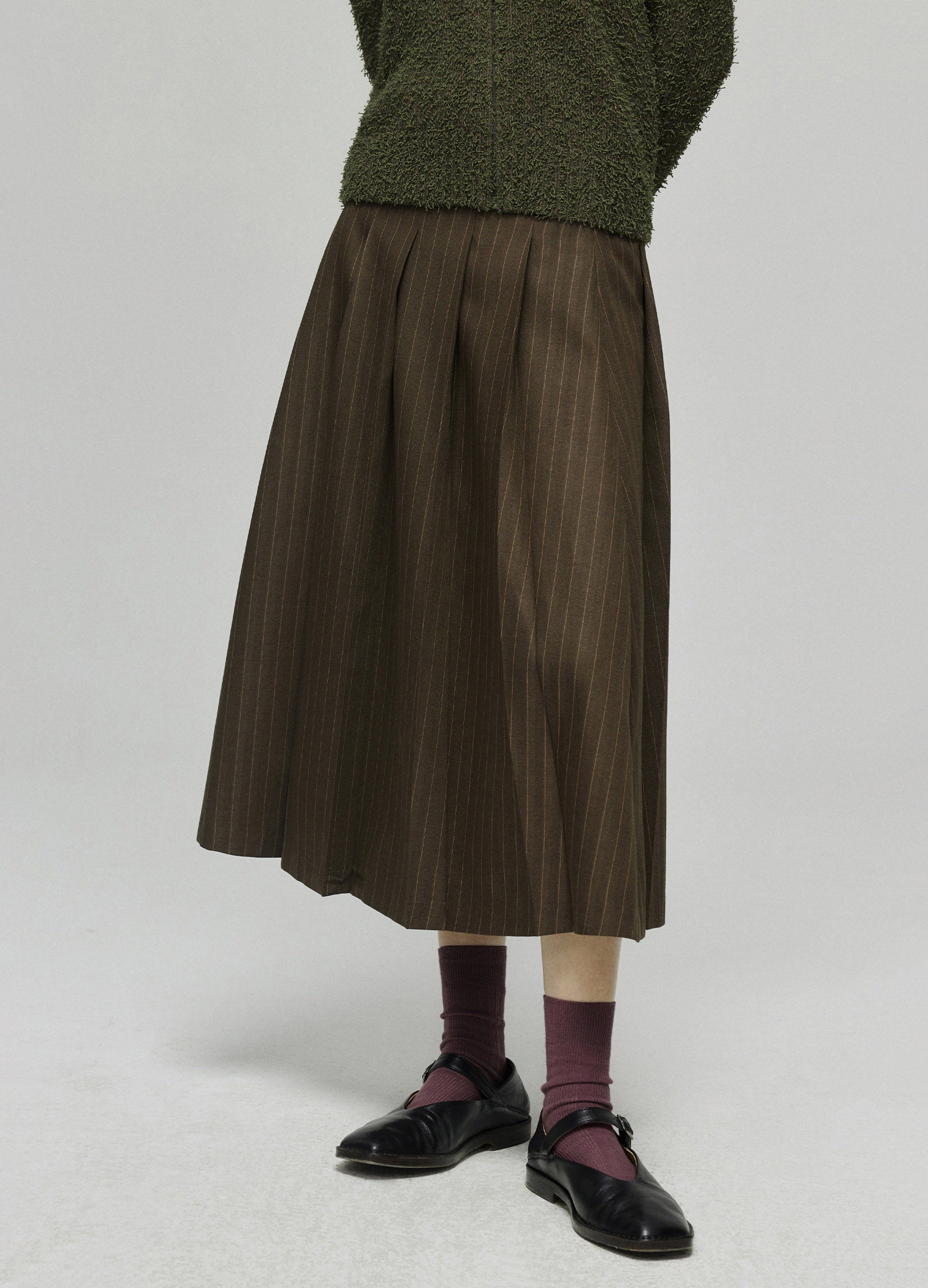 Dark Brown Pinstriped Pleated Midi Skirt