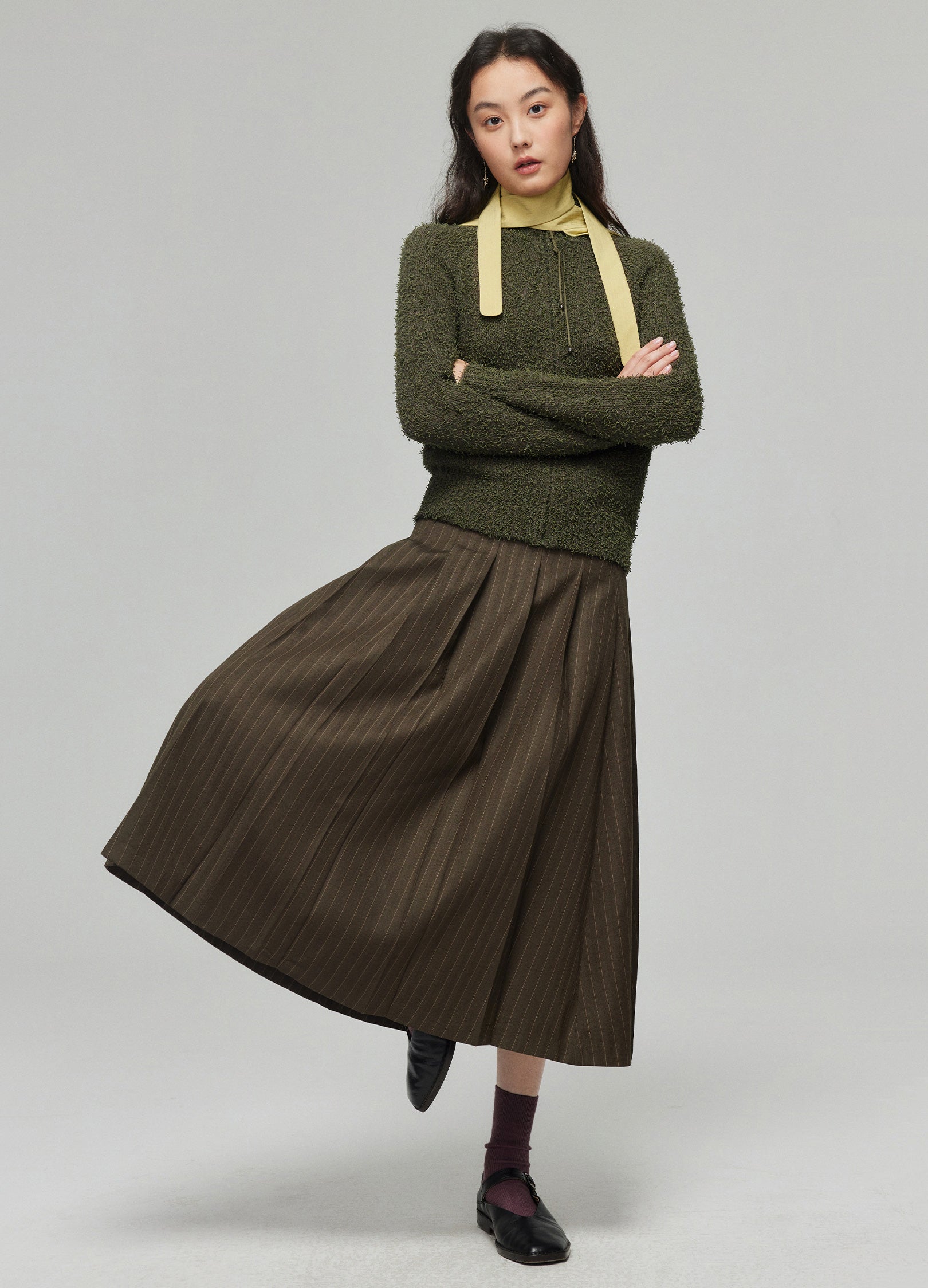 Dark Brown Pinstriped Pleated Midi Skirt