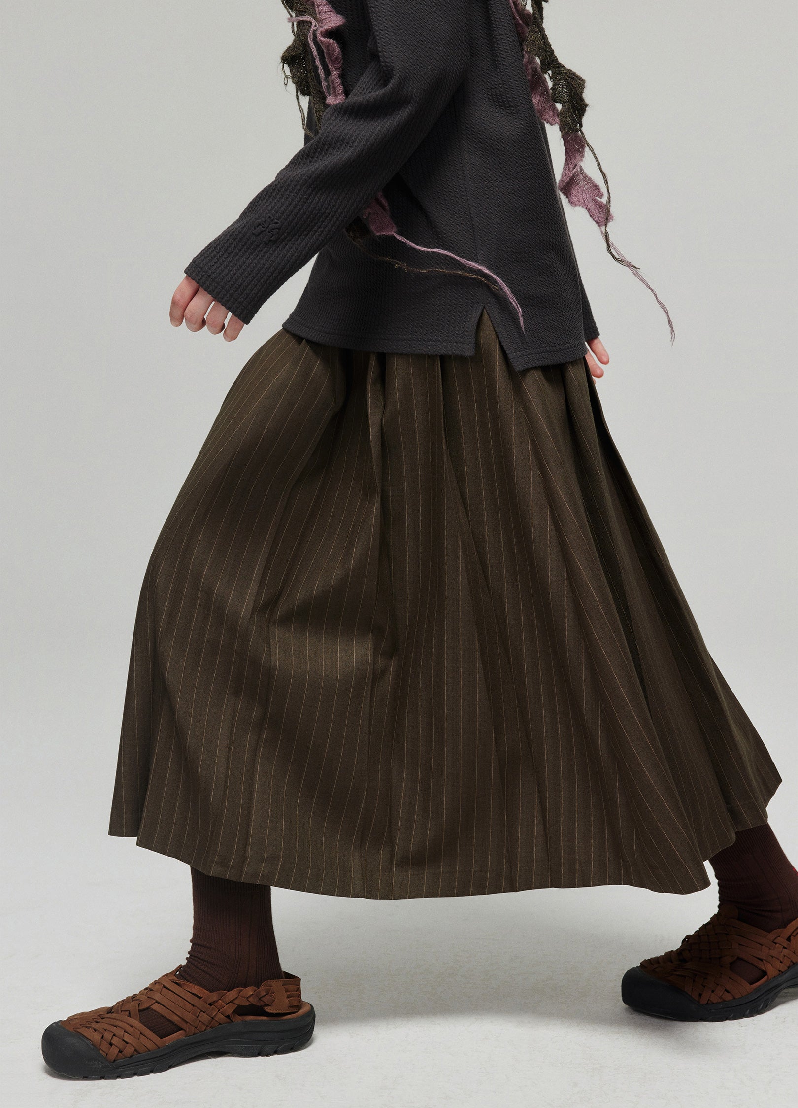 Dark Brown Pinstriped Pleated Midi Skirt