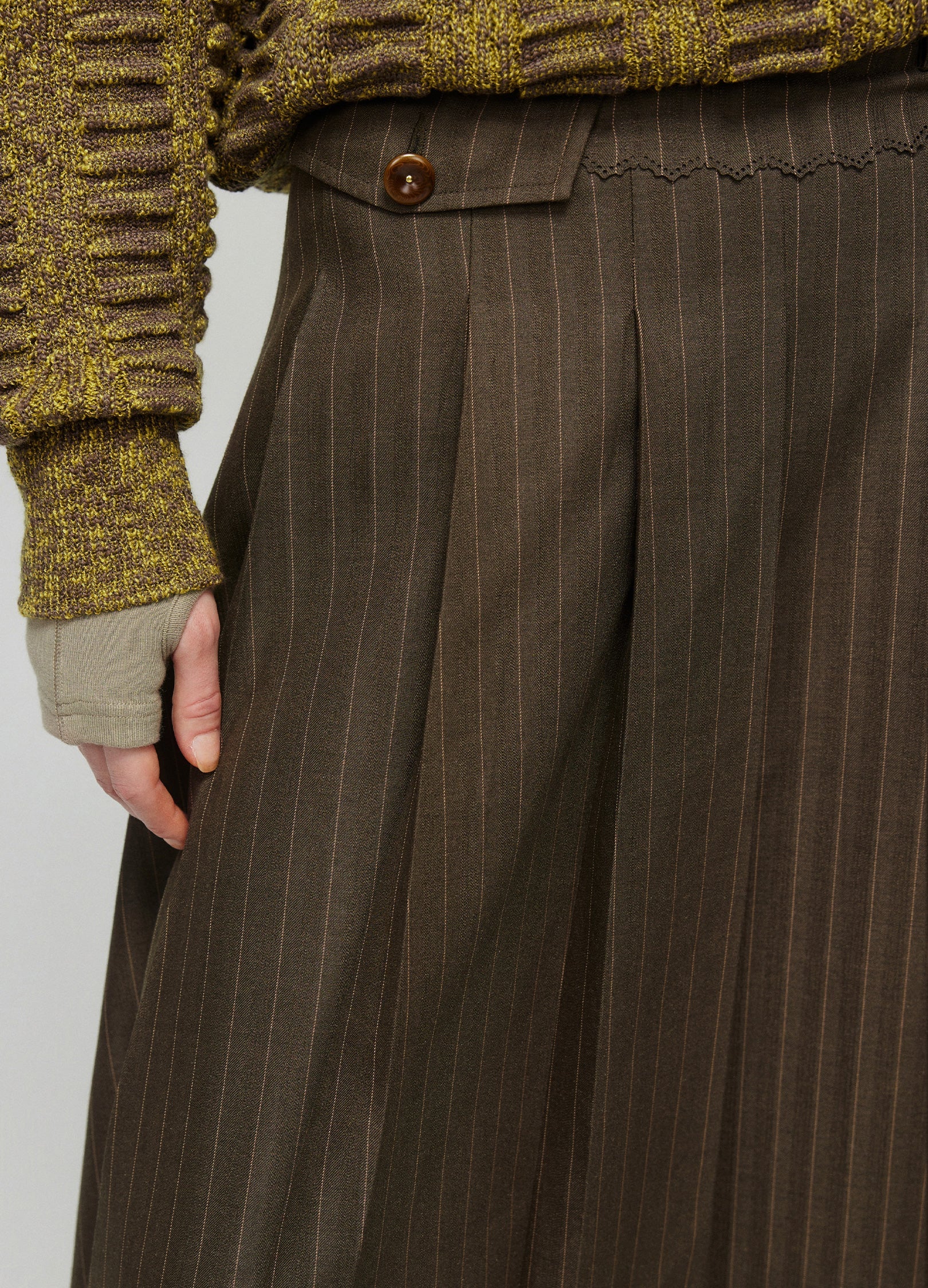 Dark Brown Pinstriped Pleated Midi Skirt