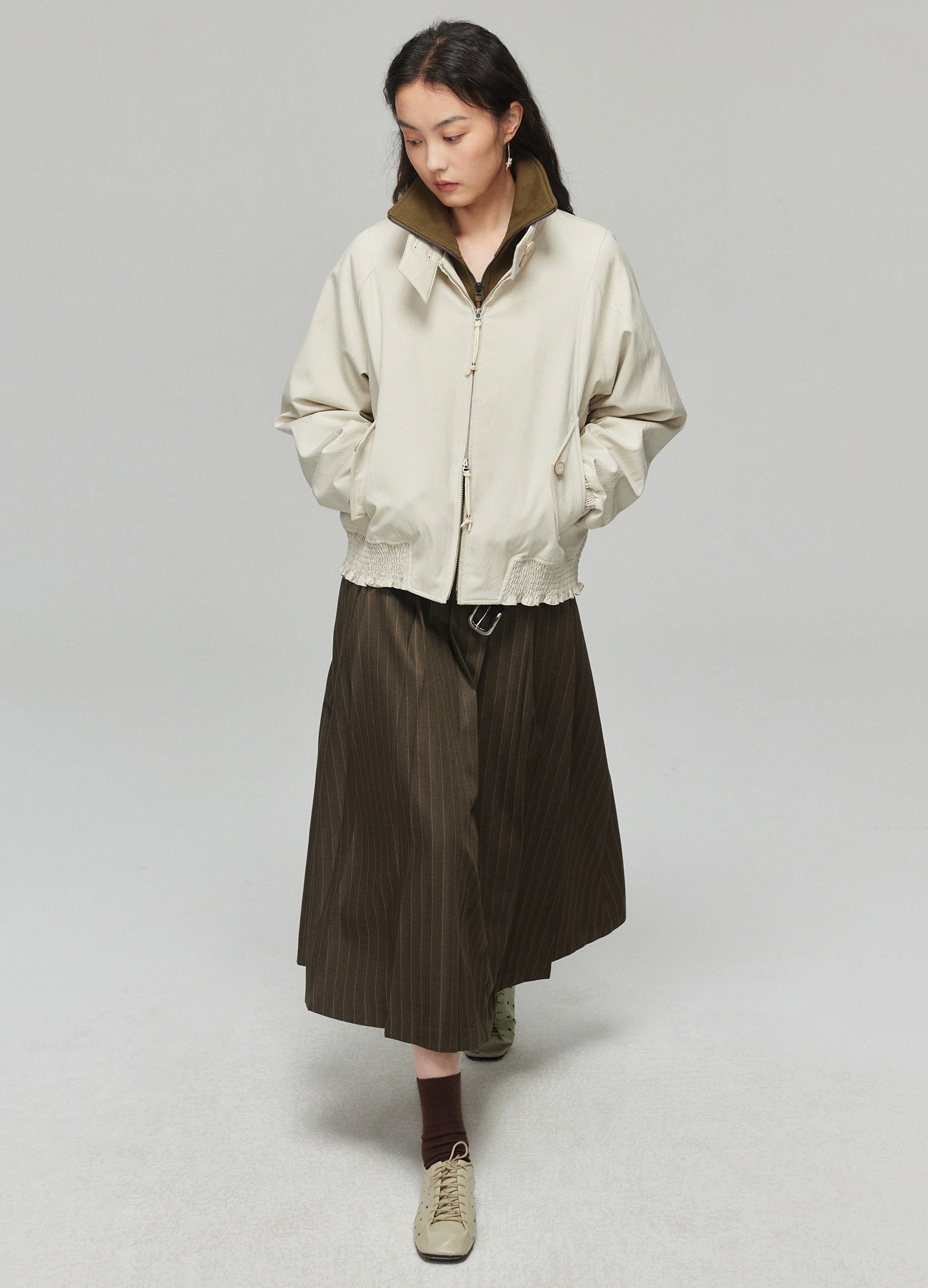 Dark Brown Pinstriped Pleated Midi Skirt