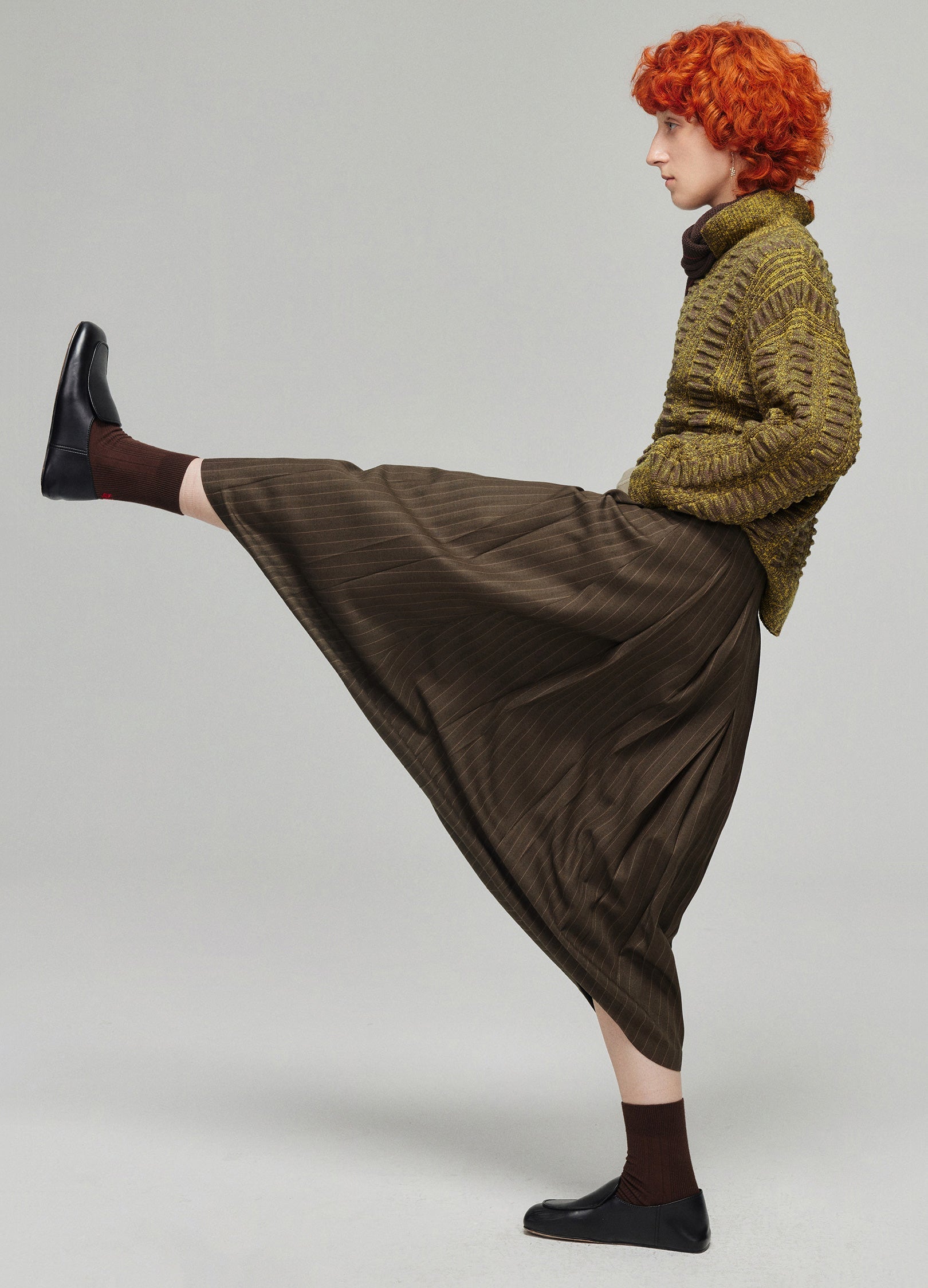 Dark Brown Pinstriped Pleated Midi Skirt