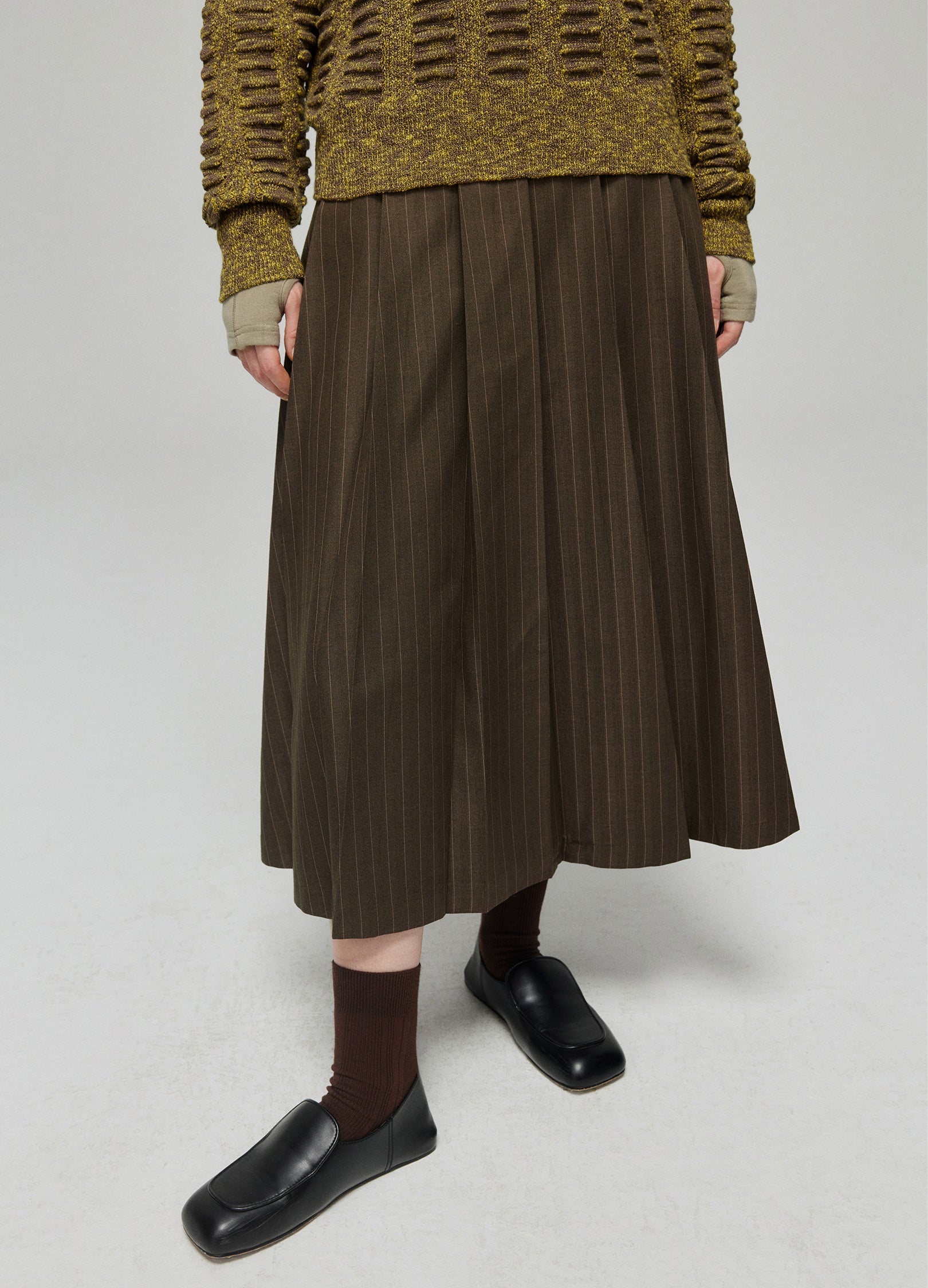Dark Brown Pinstriped Pleated Midi Skirt