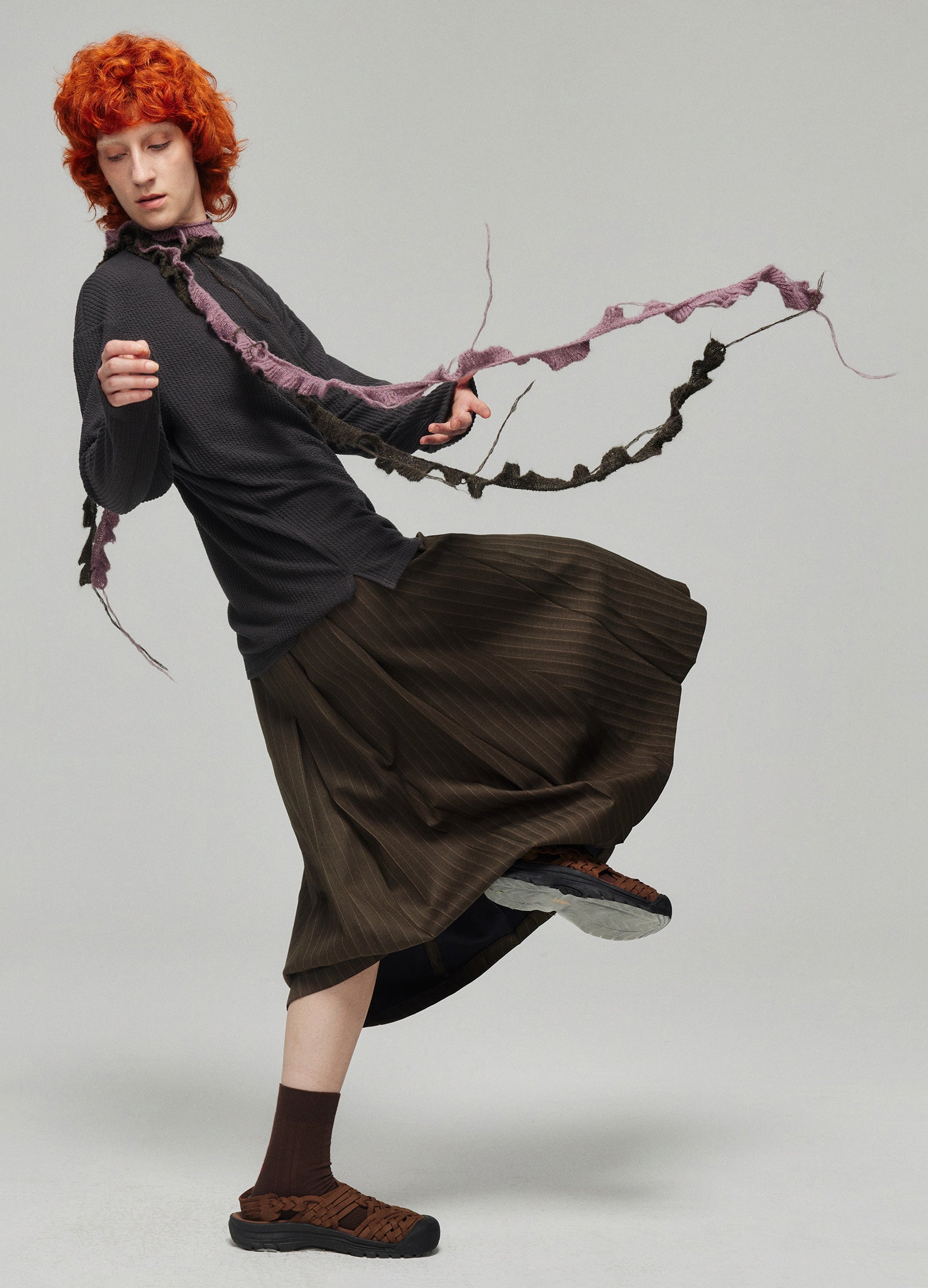 Dark Brown Pinstriped Pleated Midi Skirt