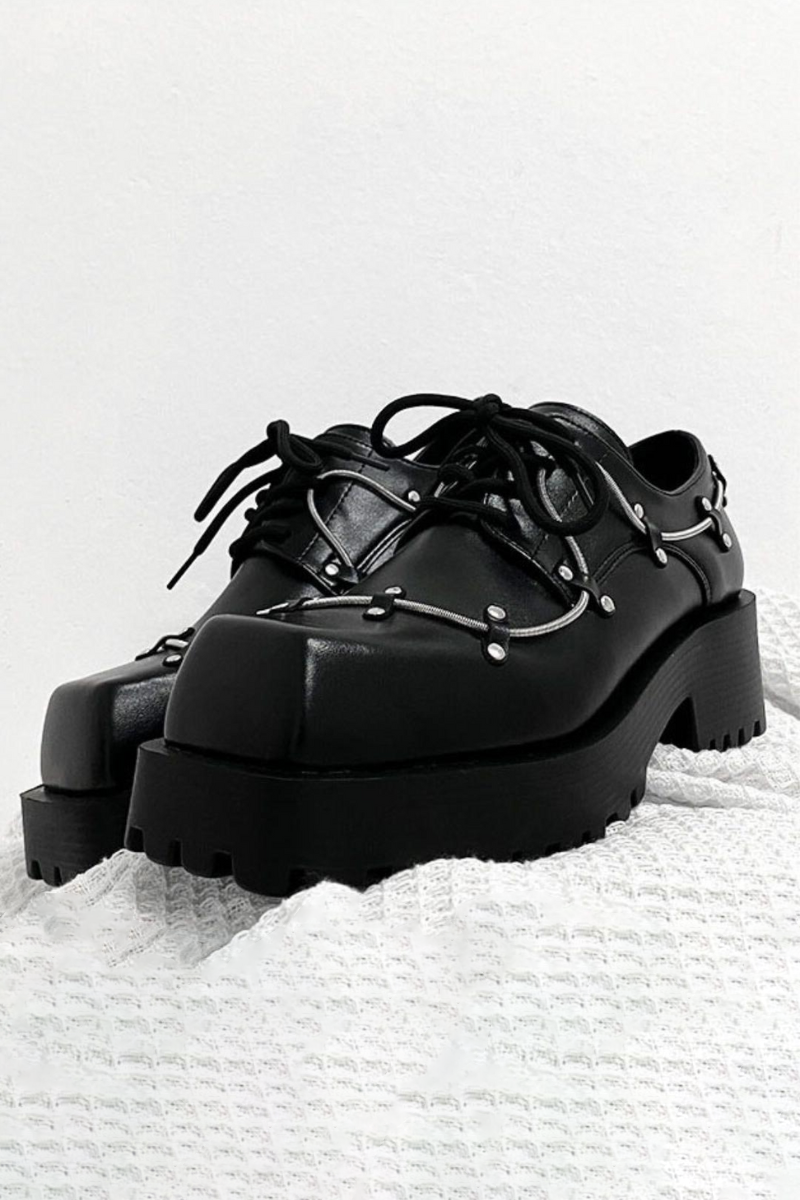 Black Studded Platform Chunky Derby Shoes by DUJIE | Chiclara