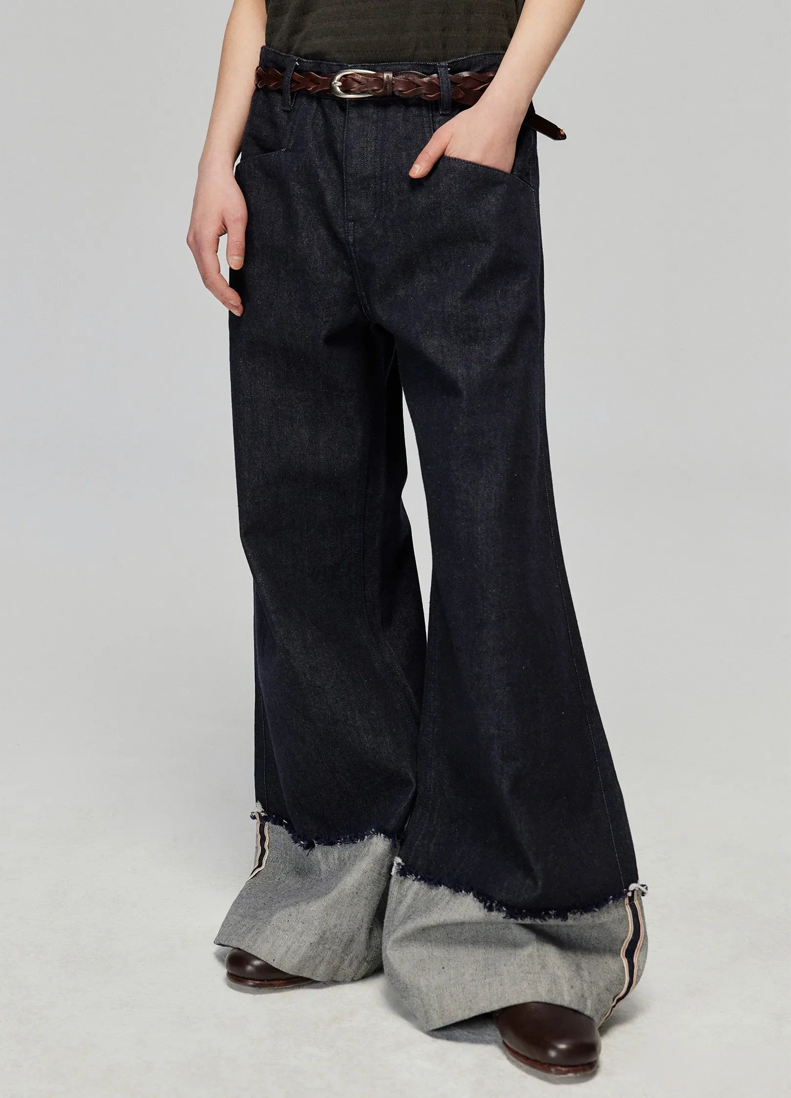 Wide Leg Raw Edge Cuff Denim Jeans