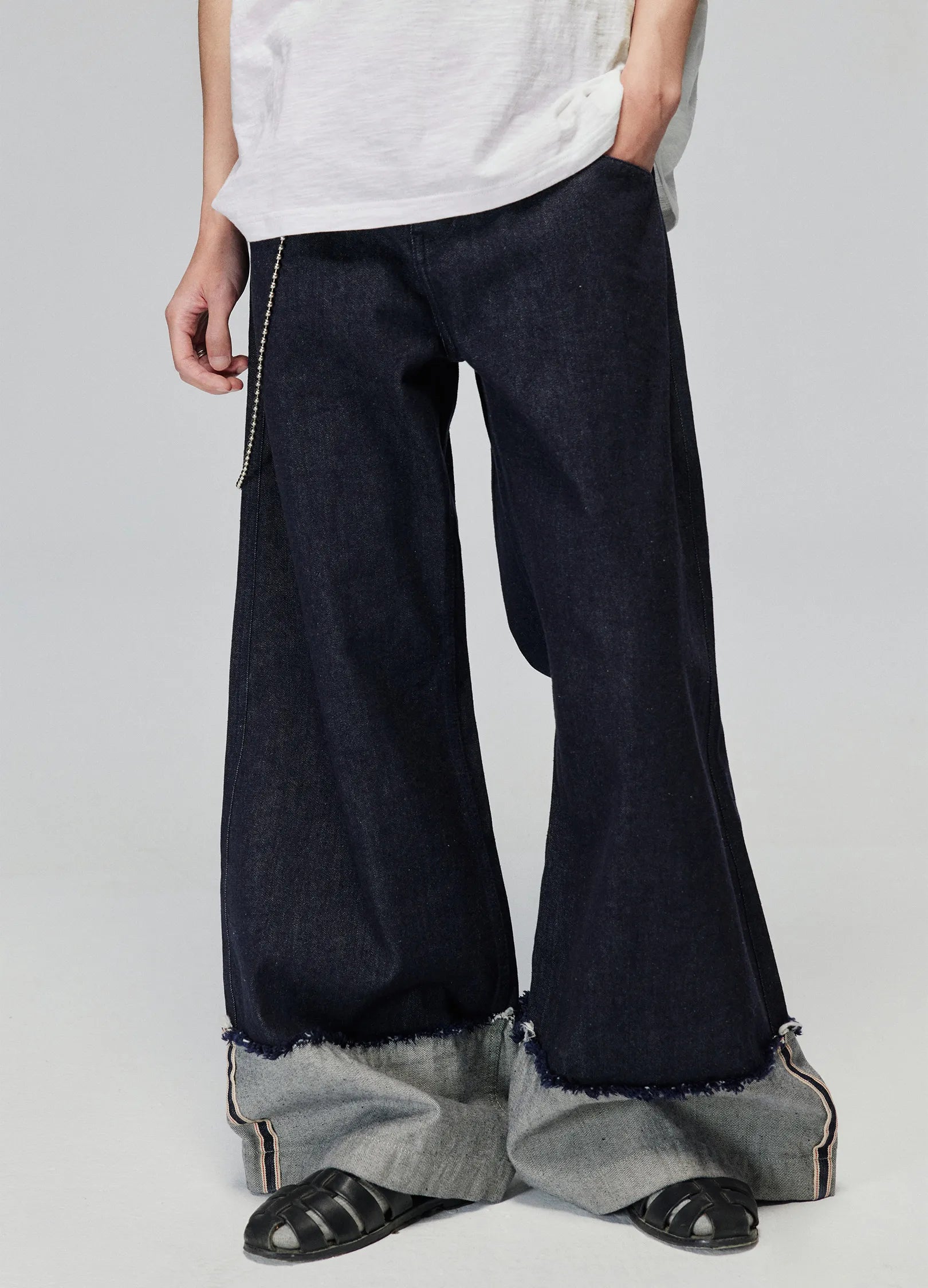 Wide Leg Raw Edge Cuff Denim Jeans