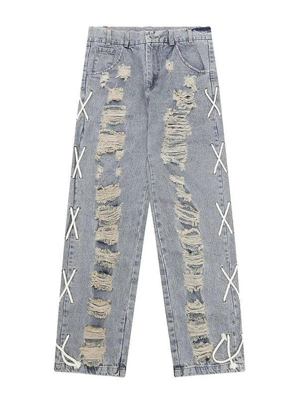 Jeans en détresse à lacets croisés