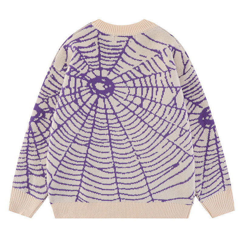 Beige and Purple Spider Web Knit Sweater