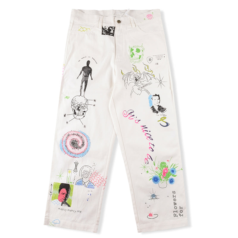 Artistic Doodle Wide-Leg Jeans