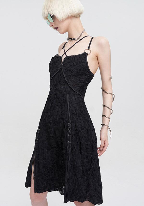 Devil Fashion Gothic Lace Slip Dress - Black with Harness Straps and Side Slits