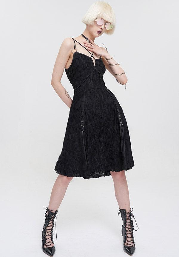 Devil Fashion Gothic Lace Slip Dress - Black with Harness Straps and Side Slits