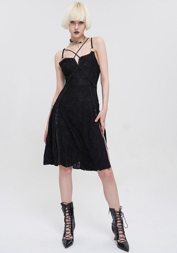 Devil Fashion Gothic Lace Slip Dress - Black with Harness Straps and Side Slits