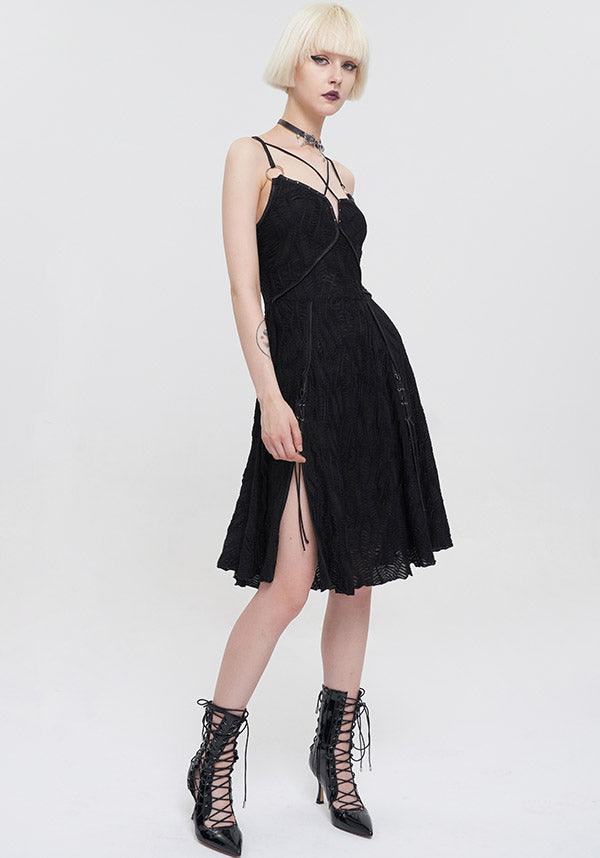 Devil Fashion Gothic Lace Slip Dress - Black with Harness Straps and Side Slits