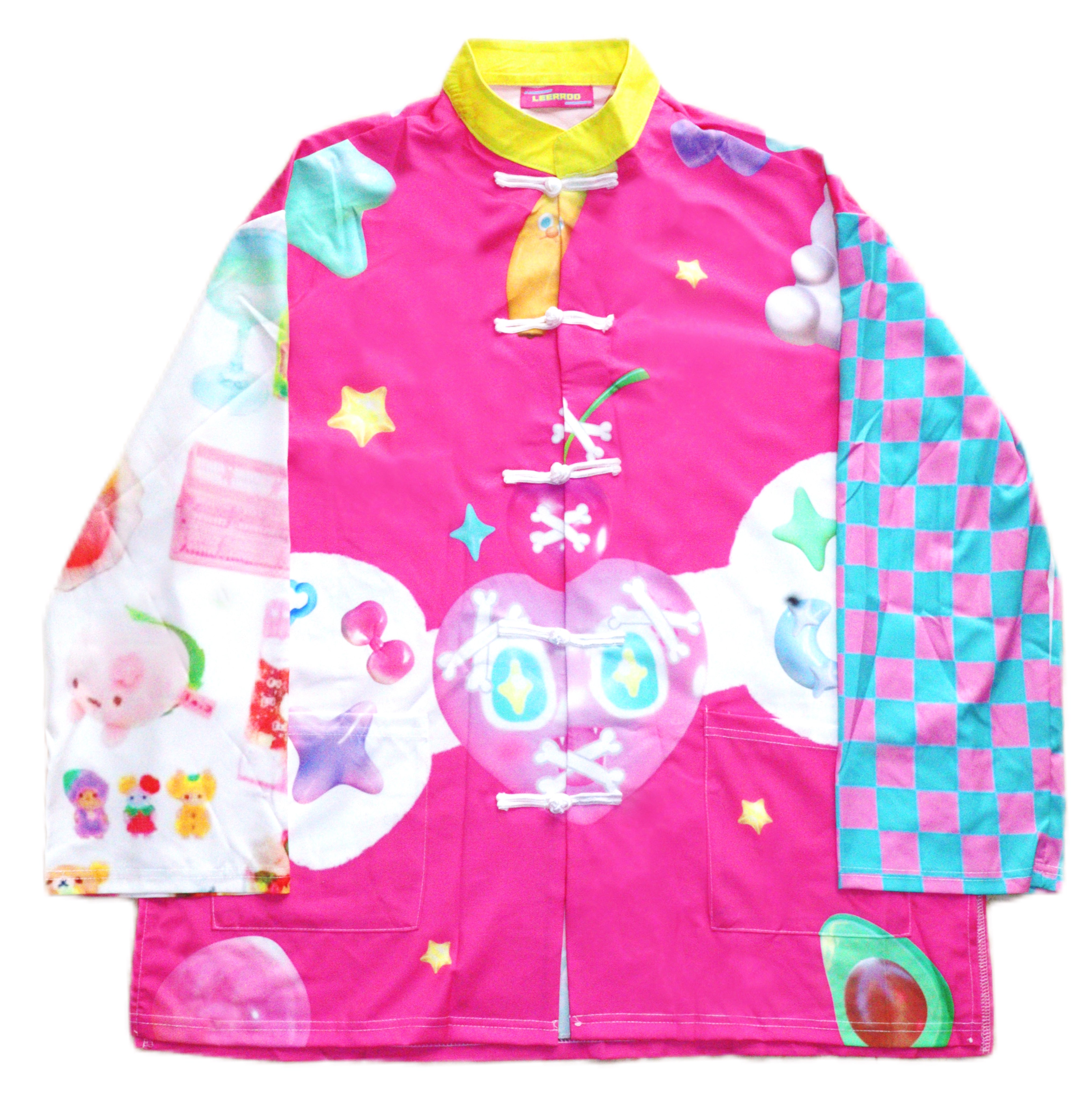 Checkered Sleeve Pink Skull Toggle Shirt
