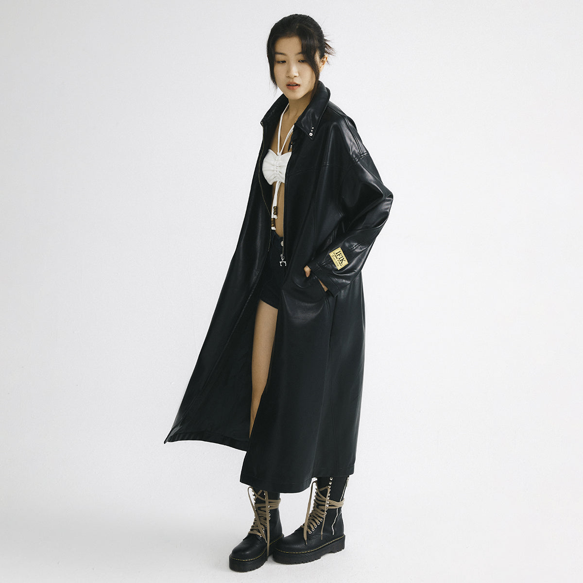 Black Leather Hooded Coat With Oversized Zipper