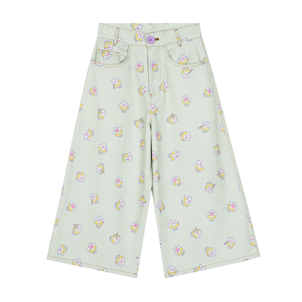 Angel Print Wide Leg Denim Culottes