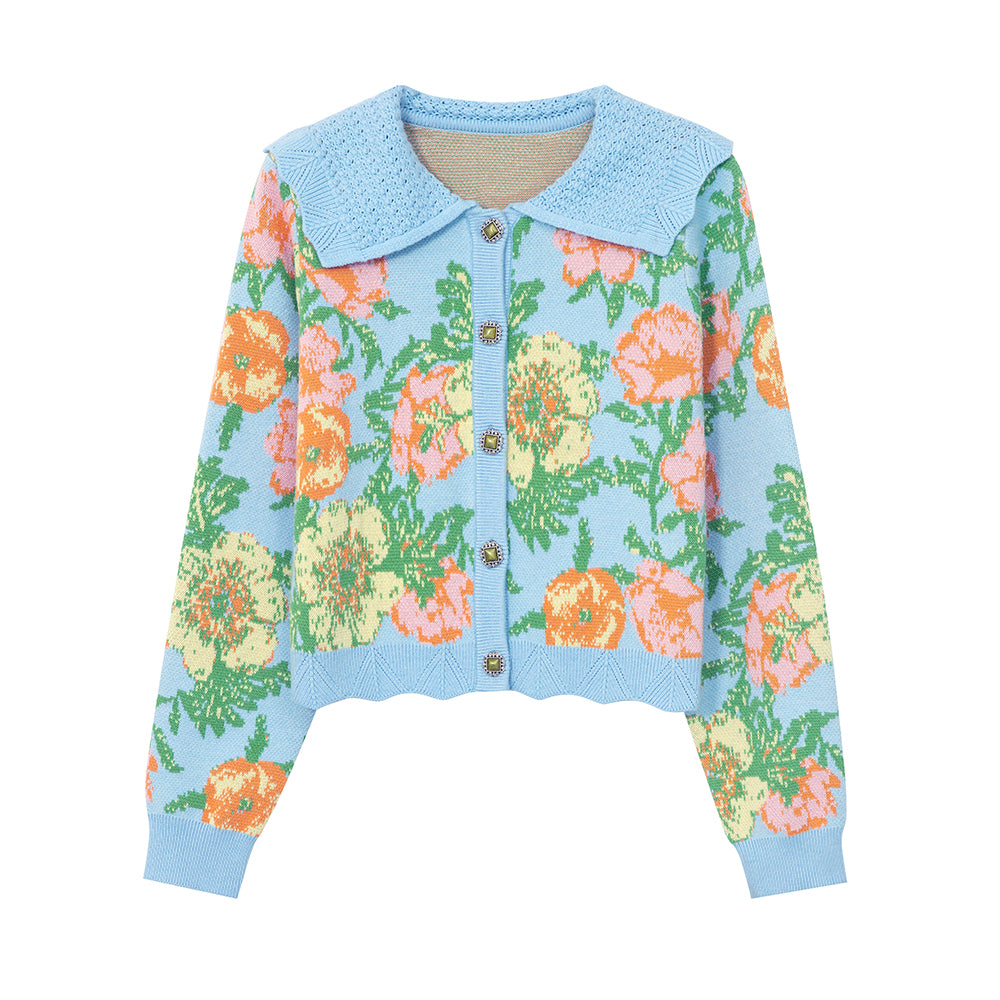Blue Floral Knit Cropped Cardigan