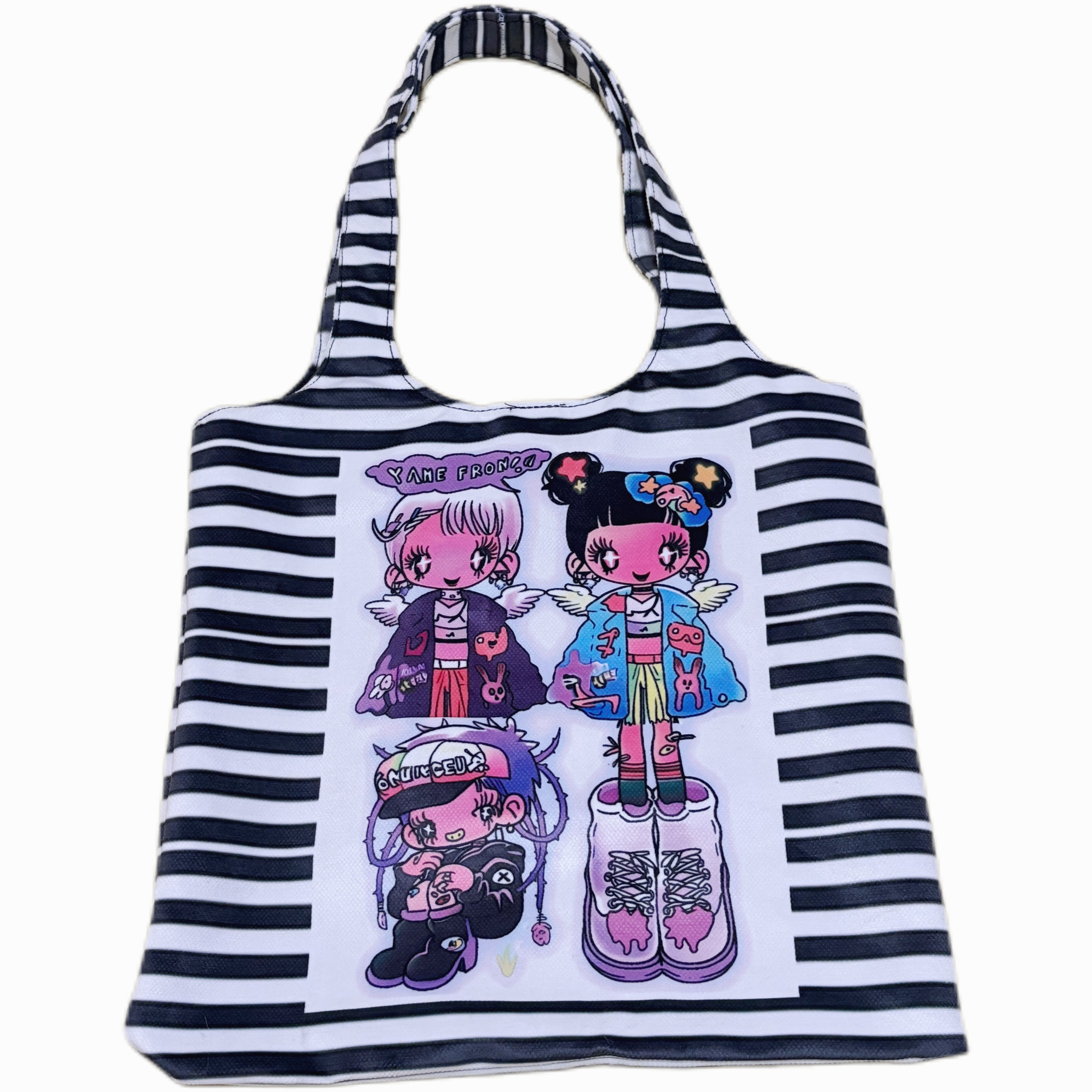 Striped Kawaii Print Canvas Tote Bag
