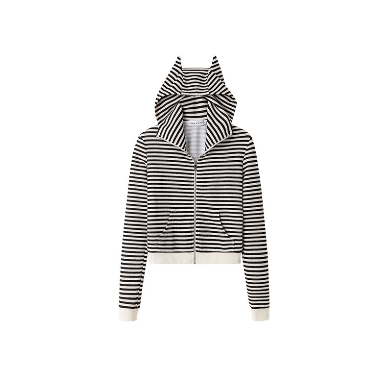 Striped Cat Ear Hoodie - Black And White Zip-Up Jacket - chiclara