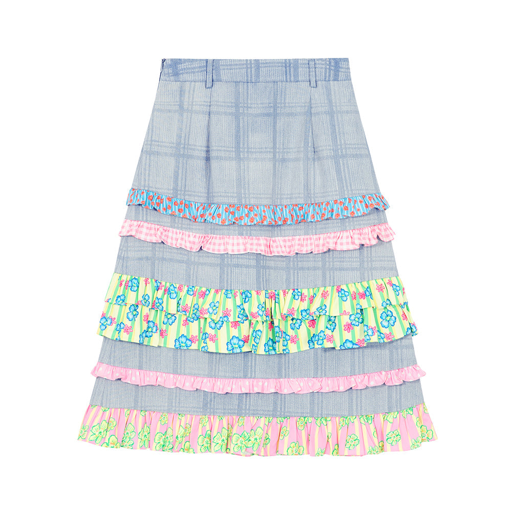 Pastel Ruffle Tiered Denim Midi Skirt
