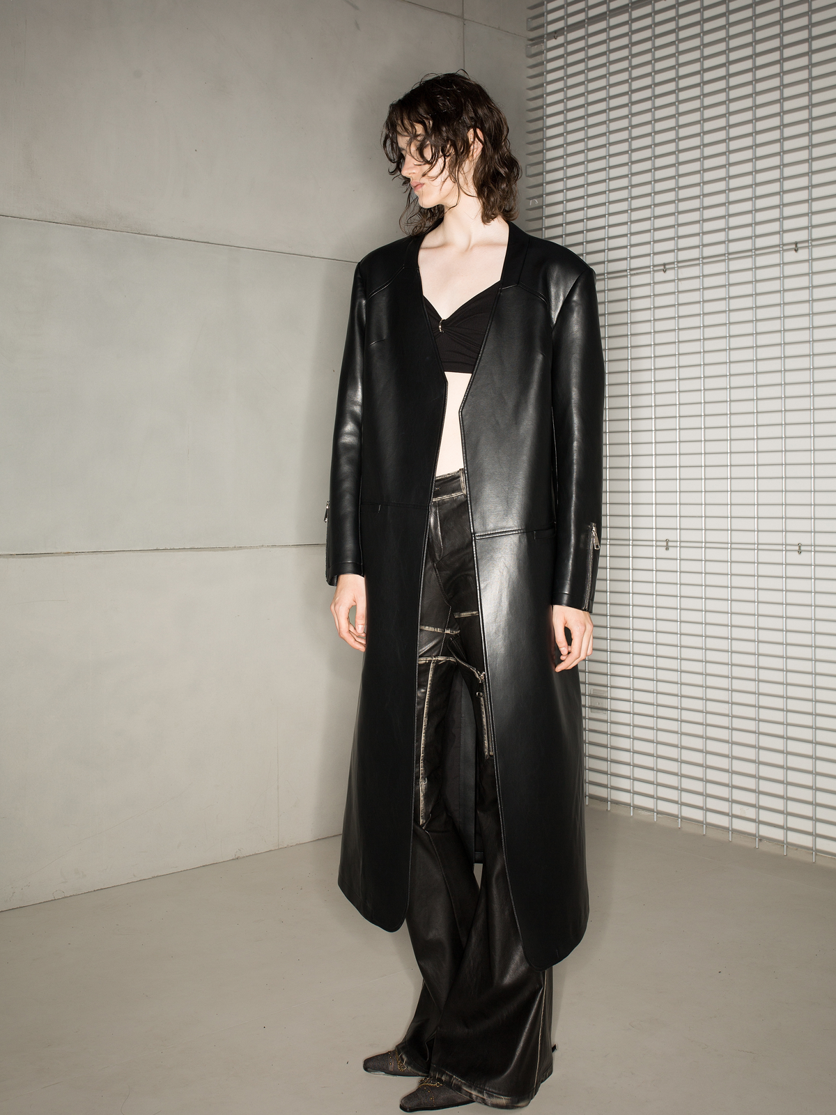 NORTH NODE Avant-Garde Leather Matrix Coat - Jet Black