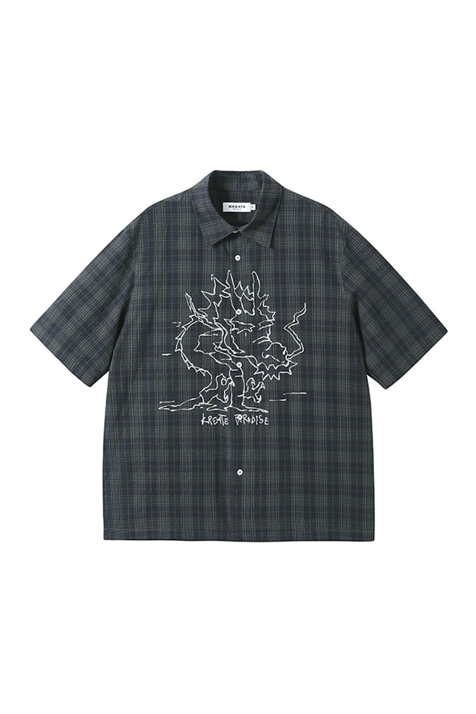 Checkered Short-Sleeve Shirt with Dragon Print