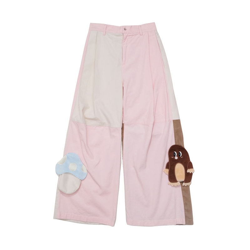 Color Block Wide Leg Pants with Mushroom and Mole Appliques