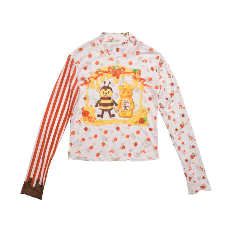 Honey Bee Strawberry Print Mesh Top