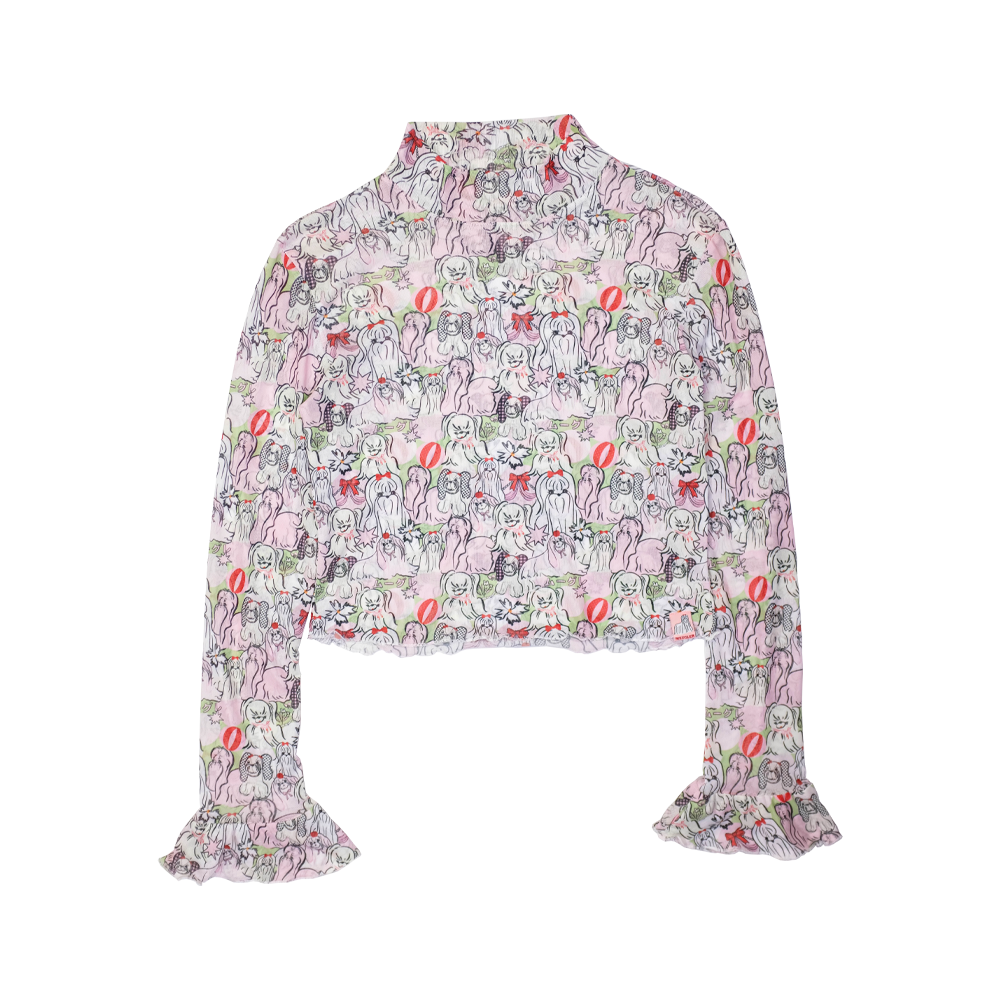 Puppy Print Ruffle Crop Top Blouse