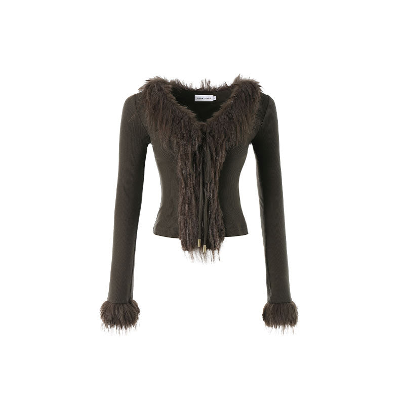 1Jinn Fuzzy Furry Collar Knitwear - chiclara