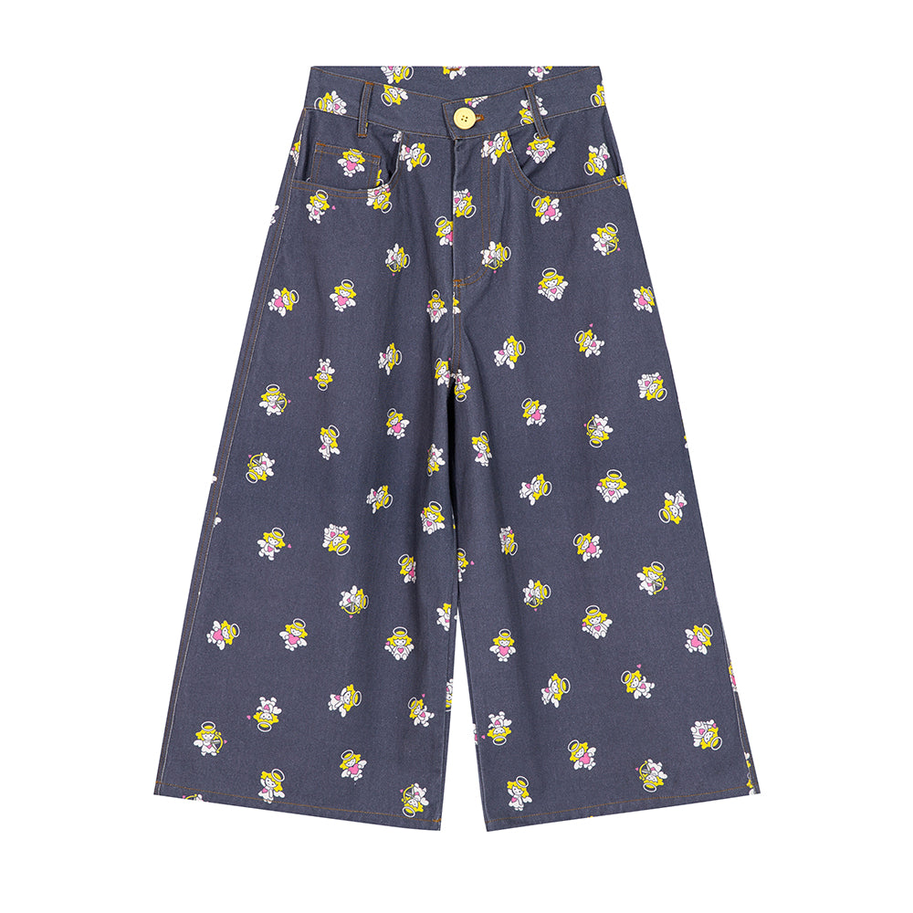 Angel Print Wide Leg Denim Culottes